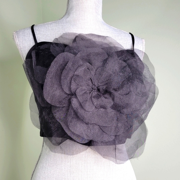 Rachel Zoe Black Oversized Flower Organza Crop Top Adj Straps Dress Event Med - Picture 6 of 13